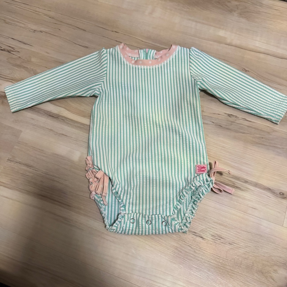 RUFFLE BUTTS Girl’s Mint & White Striped Pink Ruffles One Piece Rash Guard 18-24